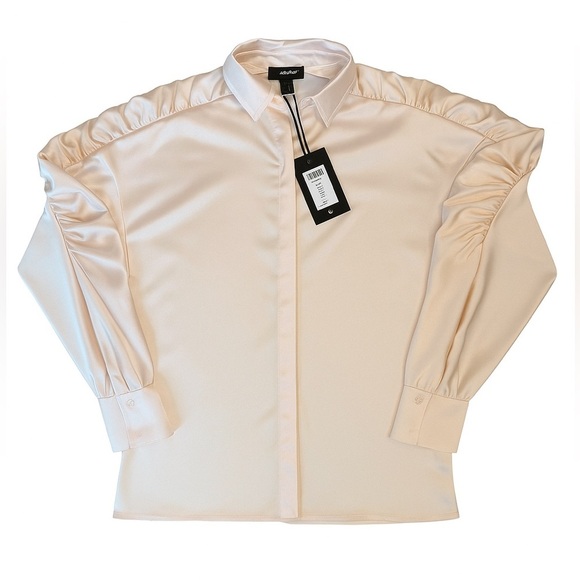 A.S. by DF Ferrara Blouse Blush Cream Pink Satin Ruched Sleeve Size XS NWT - Picture 5 of 5